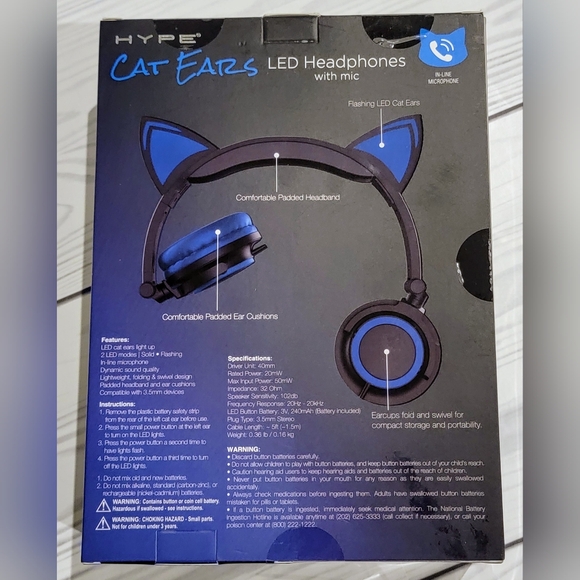 Hype Cat Ears LED Headphones with mic, in-line microphone, blue & black - Picture 2 of 2